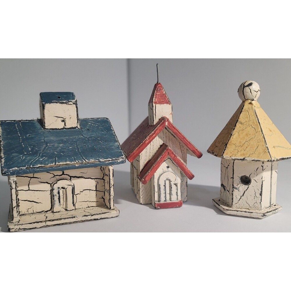3 Miniature Wooden Buildings Church, Birdhouse, House Crackel Paint Country
